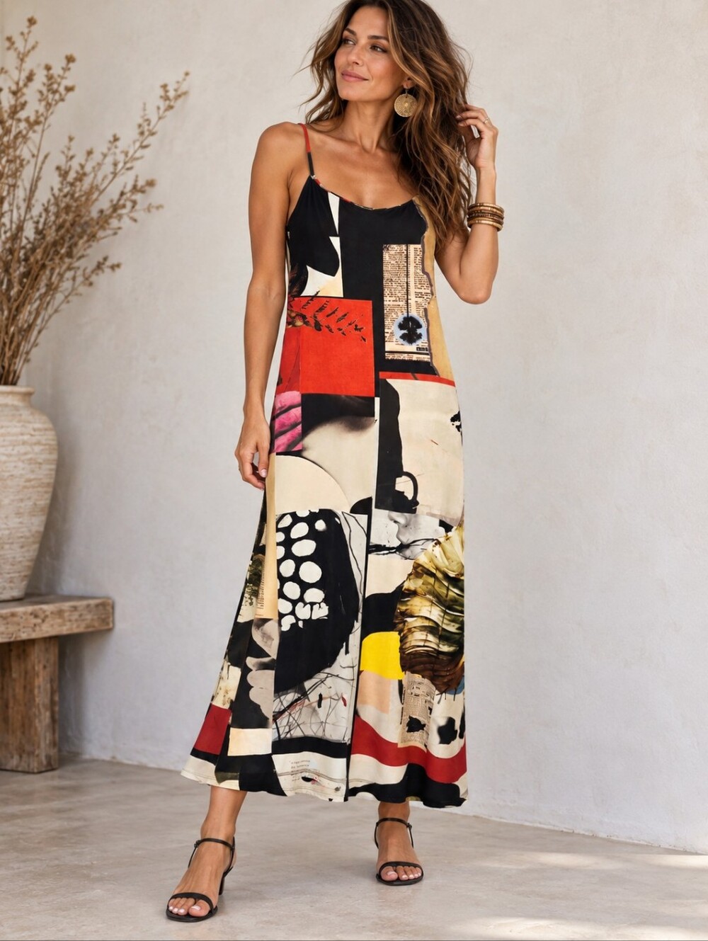 Desigual Spagetti Strap Poly Slip Dress. Beige Abstract Art Pattern. Ladies S